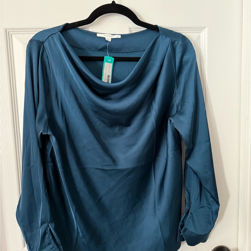 Fun 2 Fun Teal Cowl Neck Blouse